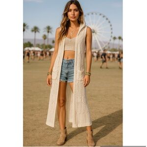 Boho Crochet Hooded Duster Vest Festival Coachella Desert Goddess XS/S